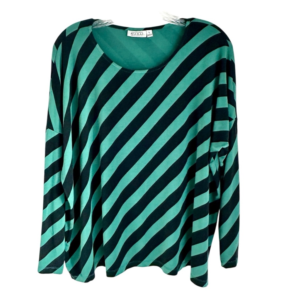 Masai Copenhagen Denmark Vibrant Green Black Stripes 3/4 Sleeve Top Size Large